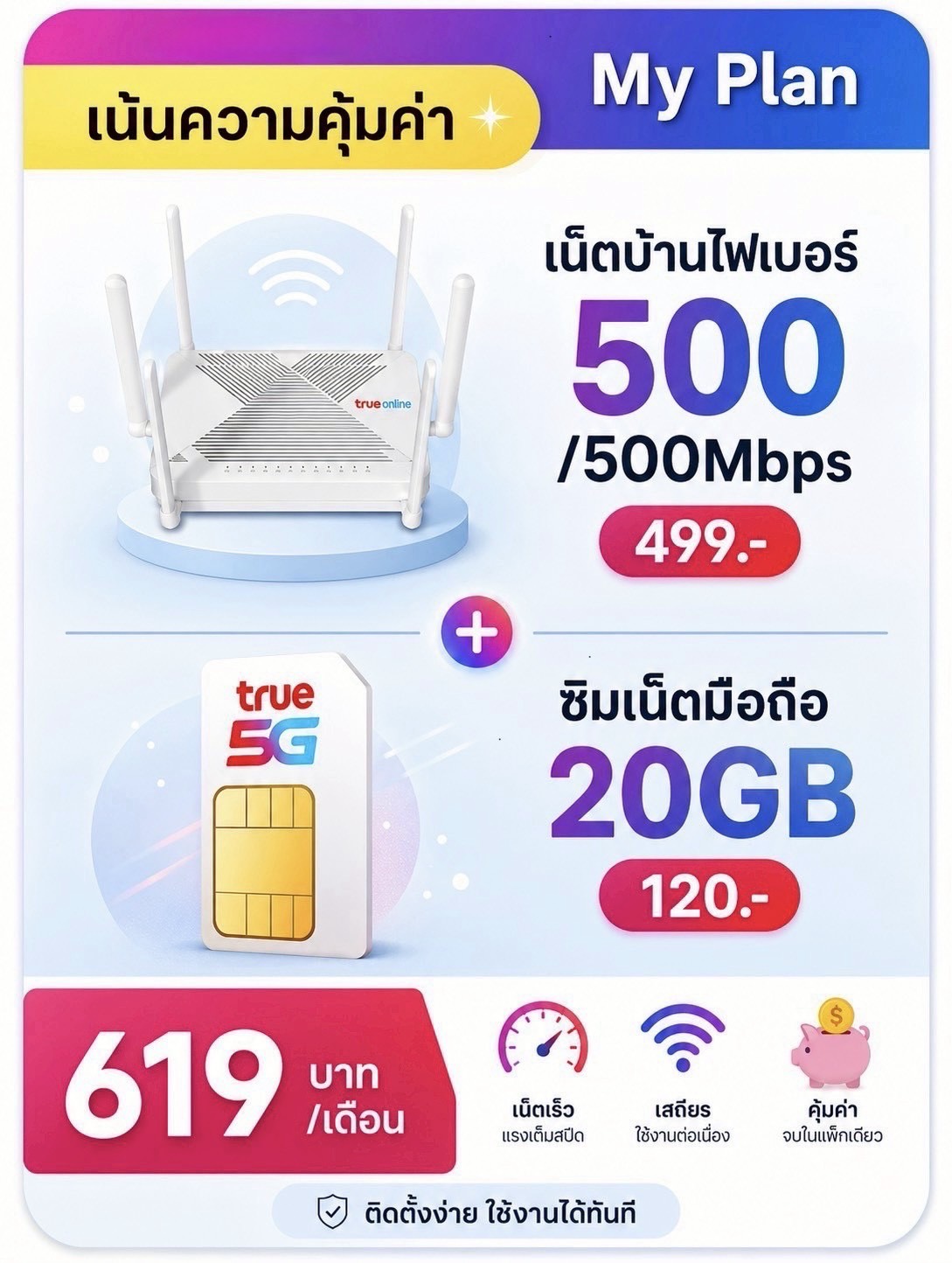 แพ็กเกจเน็ตบ้านทรู 500/500 Mbps พร้อมซิม True 5G 20GB ราคา 619 บาทต่อเดือน