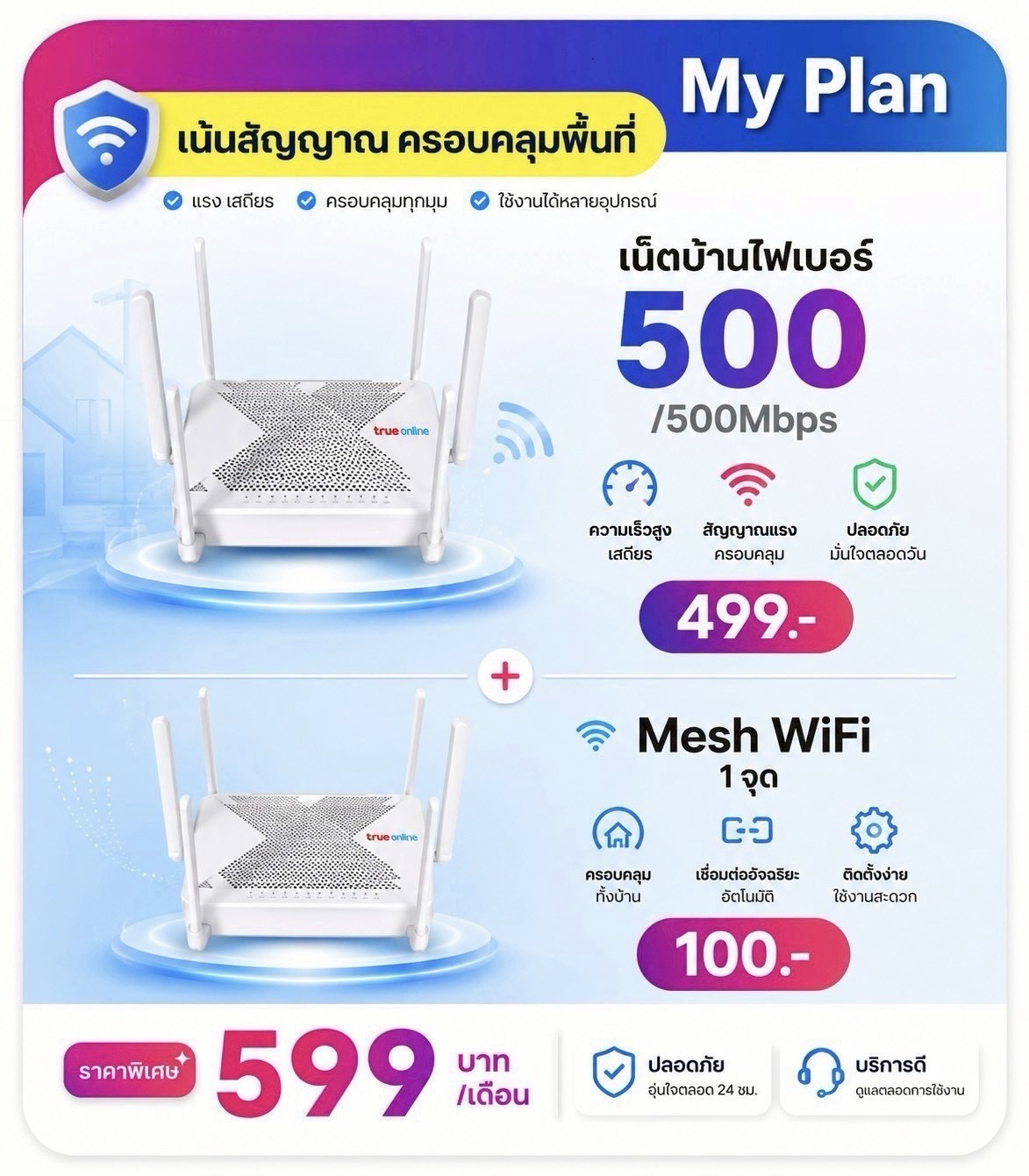 แพ็กเกจเน็ตบ้านทรู 500/500 Mbps พร้อม Mesh WiFi ราคา 599 บาทต่อเดือน
