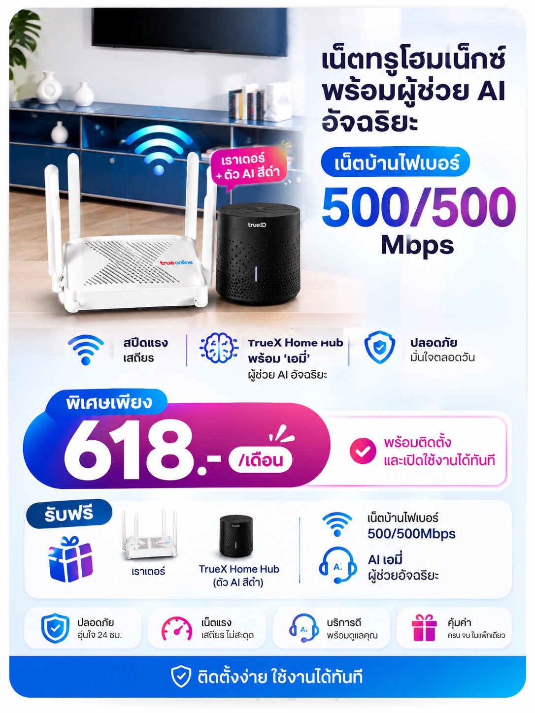 แพ็กเกจเน็ตบ้านทรู 500/500 Mbps พร้อม TrueX Home Hub ราคา 618 บาทต่อเดือน