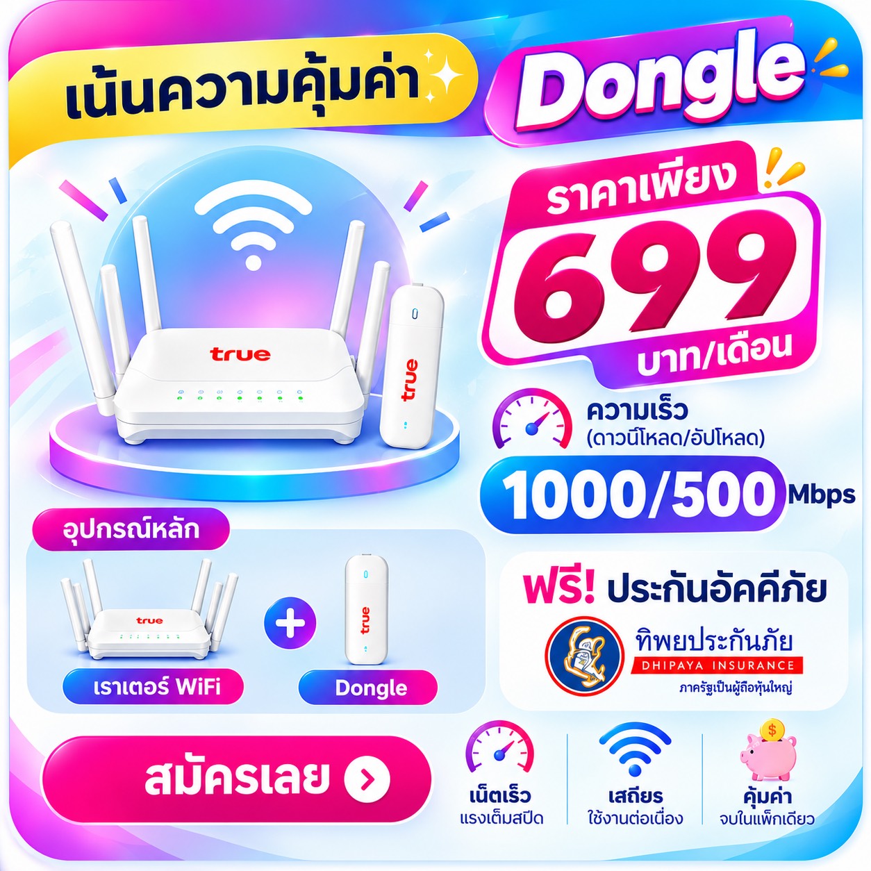 แพ็กเกจเน็ตบ้านทรู Dongle 1000/500 Mbps ราคา 699 บาทต่อเดือน