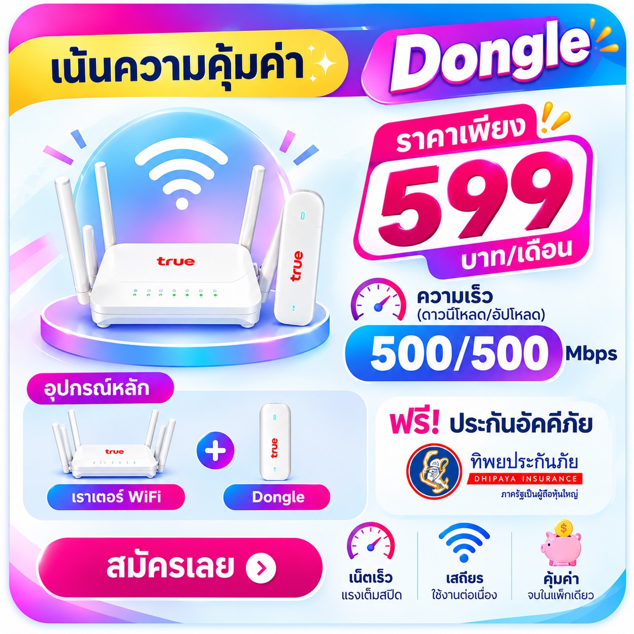 แพ็กเกจเน็ตบ้านทรู Dongle 500/500 Mbps ราคา 599 บาทต่อเดือน